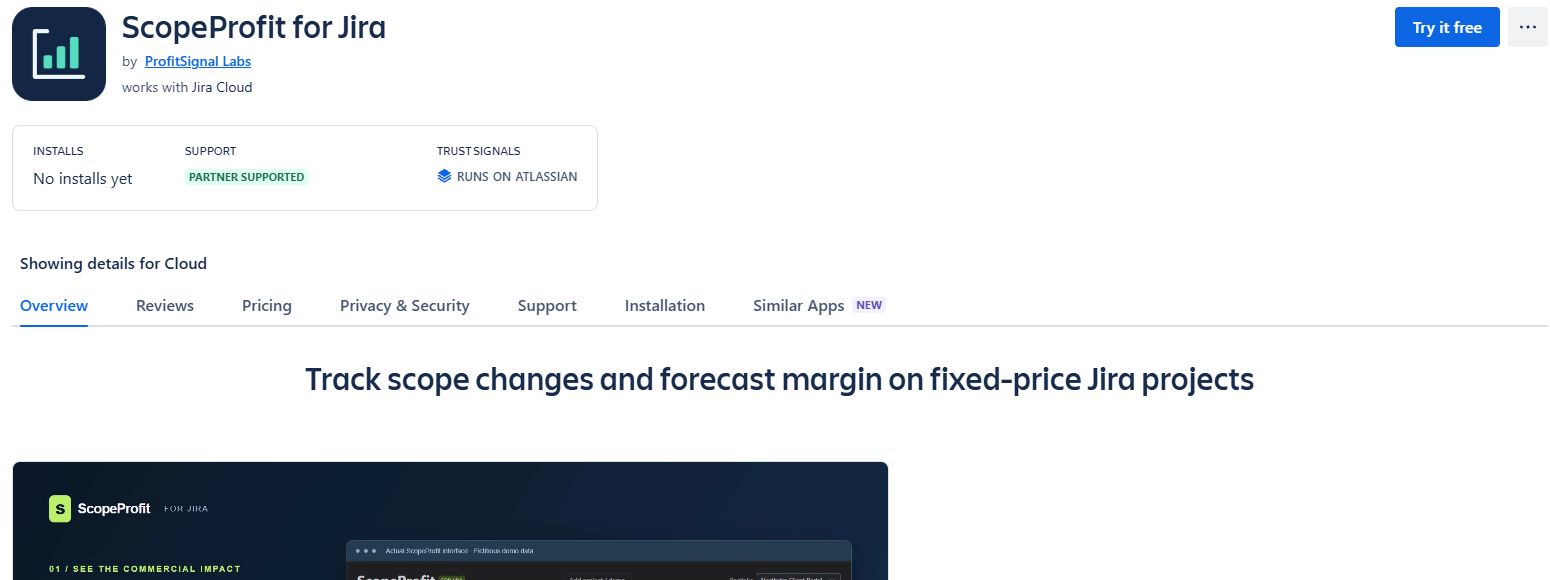 Public ScopeProfit listing on Atlassian Marketplace, published by ProfitSignal Labs